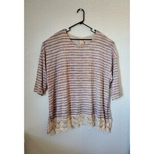 Faded Glory 4X beige striped women's top crochet front hem 3/4 sleeve lightweigh